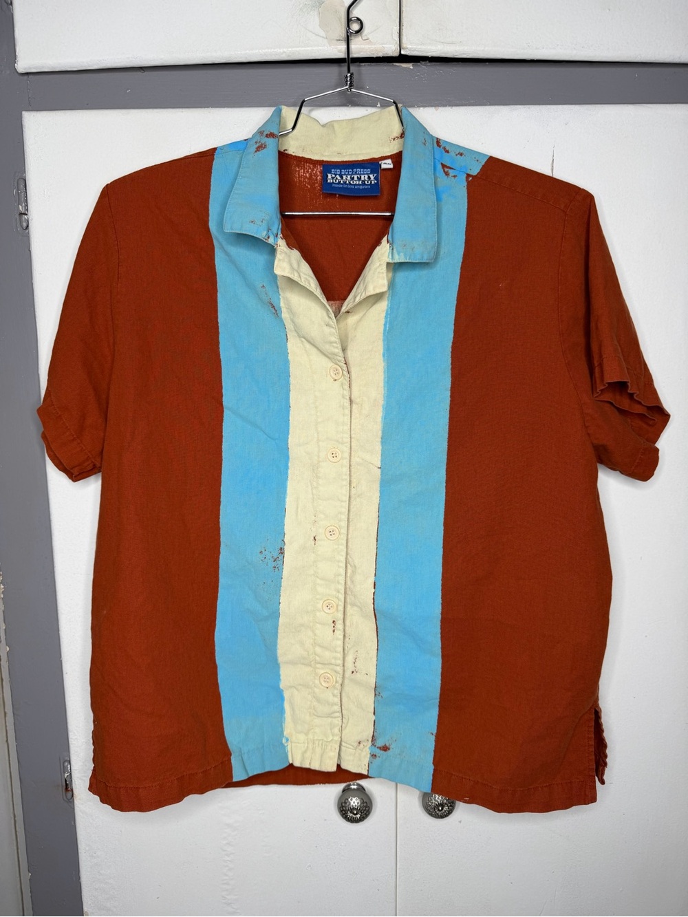 big bud press women pantry button up short sleeve shirt XL brown linen cotton